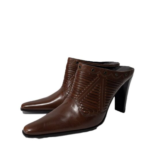 Via Spiga Brown Leather Heel Mules With Studded Detailing & Pointed Toe Size 7M - Picture 1 of 10